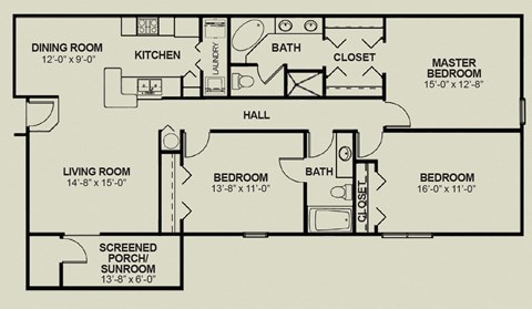 Floor plan for 3 beds, 2 baths, 1560 sqft